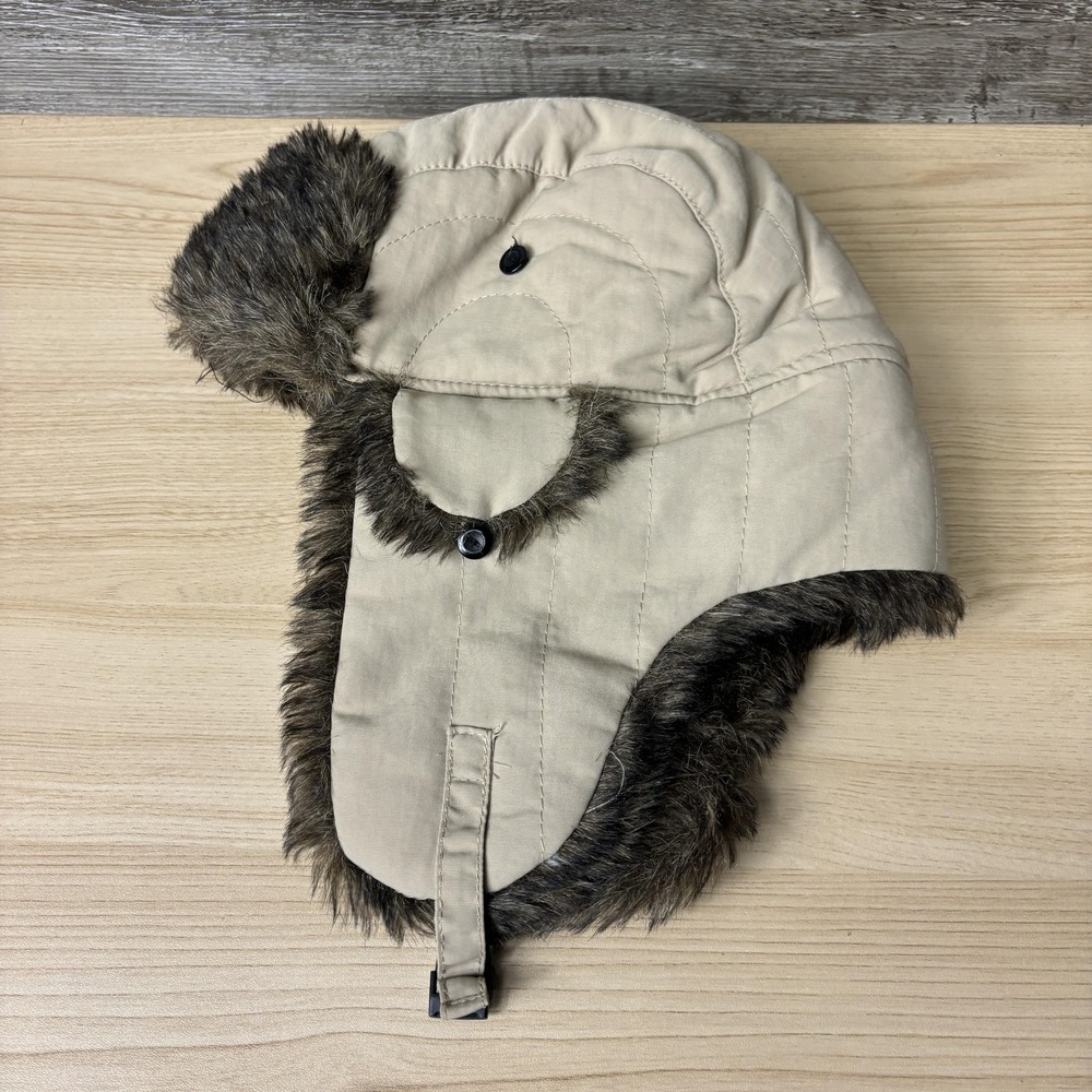 Aviator Hat Trapper Faux Fur Ear Flap Winter Mens One Size Tan Brown Quilted